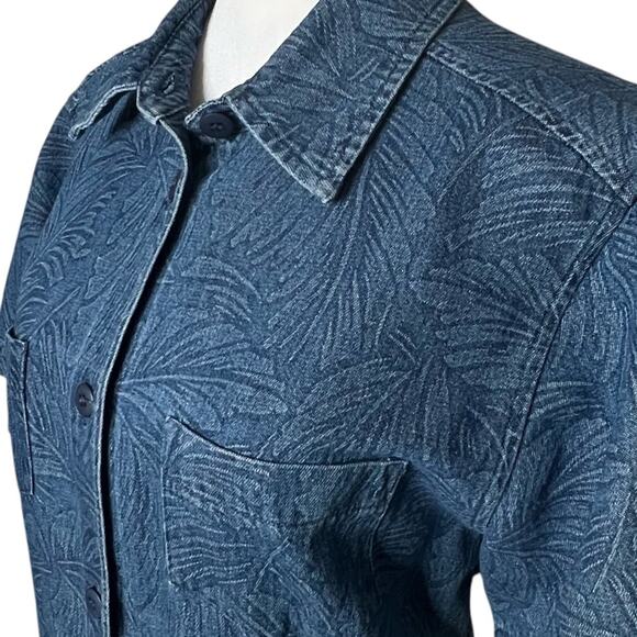 Coldwater Creek Denim Button Shirt Dress PM Palm Leaf Side Slits Retro Academia - Picture 5 of 11